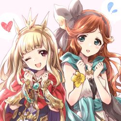 Rule 34 | 2girls, :d, ;d, artist name, bag, black dress, black hairband, blonde hair, blunt bangs, blush, brooch, brown hair, cagliostro (granblue fantasy), cape, clenched hands, commentary request, dress, flying sweatdrops, gauntlets, gloves, granblue fantasy, green cape, green eyes, hairband, head tilt, headgear, heart, highres, jewelry, kuroi mimei, long hair, looking at viewer, multiple girls, one eye closed, open mouth, red cape, red eyes, sara (granblue fantasy), satchel, signature, smile, standing, swept bangs, upper body, white dress, yellow gloves