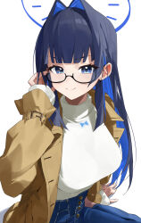 Rule 34 | 1girl, absurdres, adjusting eyewear, blue eyes, blue hair, blue halo, blue pants, blunt bangs, blunt ends, breasts, brown coat, closed mouth, coat, colored inner hair, d4kou16, dark blue hair, denim, hair intakes, halo, hand on eyewear, hand on floor, hand up, hashtag-only commentary, high-waist pants, highres, hololive, hololive english, jeans, large breasts, long hair, multicolored hair, official alternate costume, official alternate hairstyle, open clothes, open coat, ouro kronii, ouro kronii (casual), pants, shirt, sidelocks, simple background, sitting, sleeves past wrists, smile, solo, trench coat, turtleneck, two-tone hair, virtual youtuber, wariza, white background, white shirt