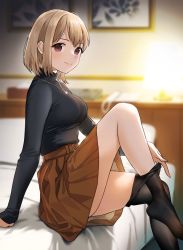 Rule 34 | 1girl, bed, bedroom, black pantyhose, black sweater, blurry, blurry background, blush, brown eyes, brown hair, brown skirt, doushimasho, highres, long sleeves, no shoes, on bed, pantyhose, pleated skirt, removing legwear, short hair, skirt, solo, sweater, turtleneck, turtleneck sweater