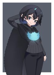 Rule 34 | 1girl, arm at side, black background, black cape, black eyes, black hair, black pants, border, cape, grey shirt, hair flip, hand in own hair, hand up, head wings, ilyfon133, kemono friends, looking at viewer, medium hair, pants, ribbed shirt, shirt, simple background, smile, solo, superb bird-of-paradise (kemono friends), tail, wings