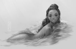Rule 34 | 1girl, :d, commentary, completely nude, earrings, english commentary, forehead, grey background, greyscale, grin, hair bun, highres, hoop earrings, jewelry, kotikomori, long hair, looking at viewer, mermaid, monochrome, monster girl, nude, open mouth, original, partially submerged, pointy ears, simple background, single hair bun, smile, solo, swimming, teeth, water