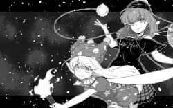 Rule 34 | 2girls, american flag dress, bob cut, chain, closed mouth, clothes writing, clownpiece, commentary request, english text, fairy wings, full moon, greyscale, hat, hecatia lapislazuli, highres, holding, holding torch, jester cap, leaning forward, long hair, looking to the side, medium hair, miniskirt, monochrome, moon, multiple girls, off-shoulder shirt, off shoulder, plaid, plaid skirt, pleated skirt, polka dot, shirt, short sleeves, skirt, smile, space, star (symbol), striped, sunatoshi, t-shirt, torch, touhou, wings
