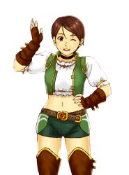 Rule 34 | 1girl, belt, brown eyes, brown hair, cowboy shot, flau, gloves, green shorts, green vest, hand on own hip, jewelry, radiata stories, shorts, simple background, solo, thighhighs, vest, white background