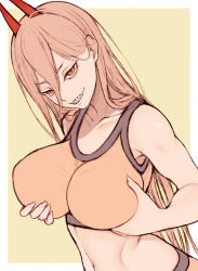 Rule 34 | + +, 1girl, alternate breast size, bare arms, bare shoulders, border, breasts, chainsaw man, cocq taichou, cross-shaped pupils, fingernails, grabbing own breast, grin, head tilt, horns, huge breasts, large breasts, long hair, looking at viewer, navel, orange eyes, orange hair, power (chainsaw man), sanpaku, sharp teeth, smile, solo, sports bra, symbol-shaped pupils, teeth, upper body, very long hair, white border