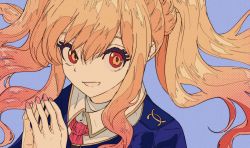 Rule 34 | 1girl, :d, absurdres, aikatsu!, aikatsu! (series), blonde hair, blue background, blue jacket, cogecha, collared shirt, eyebrows hidden by hair, fingernails, flat color, floating hair, hair between eyes, hands up, highres, huge filesize, jacket, long hair, looking at viewer, nail polish, nijino yume, open mouth, pink nails, red eyes, red neckwear, shirt, simple background, smile, solo, steepled fingers, very long hair, white shirt