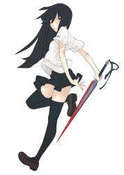 Rule 34 | 1girl, arms behind back, black thighhighs, from behind, holding, holding sword, holding weapon, jiyu2, legs, long hair, looking at viewer, looking back, original, red eyes, simple background, skinny, solo, sword, thighhighs, weapon, white background