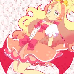 Rule 34 | 1girl, bad id, bad pixiv id, blonde hair, blue eyes, blush, bow, buttons, choker, cure flora, dress, earrings, frills, gloves, go! princess precure, green eyes, hair ornament, haruno haruka, heart, heart background, highres, jewelry, long hair, magical girl, multicolored hair, otomeza, pink bow, pink hair, pink skirt, precure, puffy sleeves, skirt, smile, solo, streaked hair, two-tone hair, waist bow