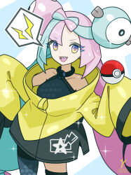 Rule 34 | 1girl, :d, aqua hair, bare shoulders, bow-shaped hair, character hair ornament, commentary request, creatures (company), eyelashes, game freak, grey pantyhose, hair ornament, holding, holding poke ball, iono (pokemon), jacket, long hair, long sleeves, looking at viewer, multicolored hair, nintendo, open mouth, pantyhose, pink eyes, pink hair, poke ball, poke ball (basic), pokemon, pokemon sv, sharp teeth, single leg pantyhose, smile, solo, spoken lightning bolt, takasaka light, teeth, thigh strap, twintails, two-tone hair, upper teeth only, very long hair, wide sleeves, yellow jacket