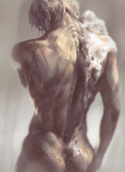 Rule 34 | 1boy, arm at side, ass, back, back focus, bathing, dripping, from behind, gintama, hangleing, head down, male focus, nude, oboro (gintama), scar, showering, silver hair, solo, spine, tattoo, upper body, washing back, wet