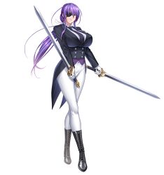 Rule 34 | 1girl, black panties, boots, bra, bracer, breasts, curvy, eyepatch, female focus, gloves, highres, holding, holding sword, holding weapon, kagami hirotaka, large breasts, lilith-soft, lingerie, lips, long hair, low ponytail, navel, official art, onmyou kishi towako, panties, purple hair, shiki reika, shiny skin, simple background, smile, solo, sword, taimanin (series), taimanin rpgx, thong, underwear, weapon, white background, wide hips