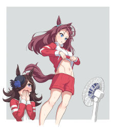 Rule 34 | 2girls, animal ears, black hair, blue eyes, blue flower, blue headwear, blue rose, blush, brown hair, clothes lift, covering own mouth, cropped torso, ear ornament, electric fan, flower, grey background, groin, gym shorts, gym uniform, hair over one eye, hat, hat flower, highres, horse ears, horse girl, horse tail, jacket, jacket lift, jaw drop, lifting another&#039;s clothes, long hair, long sleeves, looking at another, mihono bourbon (umamusume), multiple girls, navel, purple eyes, red jacket, red shorts, rice shower (umamusume), rose, shorts, standing, tail, textless version, tilted headwear, tracen training uniform, track jacket, umamusume, wind