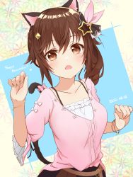 Rule 34 | 1girl, absurdres, animal ears, belt, bracelet, breasts, brown eyes, brown hair, cat ears, cat tail, diamond hair ornament, hair flaps, hair ornament, hair ribbon, hairclip, highres, hololive, jewelry, long hair, long sleeves, looking at viewer, nogi (nogi238), open mouth, red ribbon, ribbon, side ponytail, solo, star (symbol), star hair ornament, tail, tail ornament, tail ribbon, tokino sora, tokino sora (casual), virtual youtuber