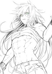 Rule 34 | 1girl, abs, bare shoulders, breasts, commentary request, cowboy shot, dodome ichika, green eyes, hair between eyes, heterochromia, long hair, looking at viewer, monochrome, muscular, muscular female, navel, original, pants, sarashi, simple background, sketch, sleeveless, small breasts, solo, spot color, waka (shark waka), white background, yellow eyes