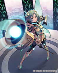 Rule 34 | 1girl, armor, armored boots, boots, building, cardfight!! vanguard, company name, fortune liberator, gloves, green eyes, green hair, hair ornament, long hair, official art, pointy ears, solo, terumii, wings