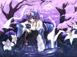 Rule 34 | 1girl, bad id, bad pixiv id, bare shoulders, barefoot, breasts, cherry blossoms, cleavage, clothes pull, dress pull, hand fan, female focus, flower, futami kito, ghost, hat, off shoulder, pink hair, red eyes, saigyouji yuyuko, short hair, solo, touhou, water