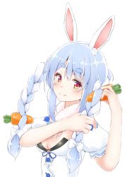 Rule 34 | 1girl, animal ear fluff, animal ears, blush, bow, braid, breasts, buttons, carrot, carrot hair ornament, cleavage, closed mouth, eyebrows, food-themed hair ornament, hair bow, hair ornament, highres, hololive, long braid, long hair, looking at viewer, medium breasts, medium hair, neruhi, rabbit ears, rabbit girl, red eyes, scarf, silver hair, smile, solo, thick eyebrows, twin braids, upper body, usada pekora, usada pekora (1st costume), virtual youtuber, white background