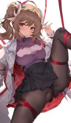 Rule 34 | 1girl, ahoge, animal ears, arknights, black pantyhose, black skirt, blush, breasts, brown hair, chinese commentary, closed mouth, collared shirt, commentary request, eyjafjalla (arknights), eyjafjalla the hvit aska (arknights), hair between eyes, hand up, highres, horns, j-zigong, jacket, large breasts, long hair, open clothes, open jacket, pantyhose, pleated skirt, purple shirt, red eyes, red ribbon, ribbon, sheep ears, sheep girl, sheep horns, shirt, side ponytail, sidelocks, simple background, skirt, solo, spread legs, two-sided fabric, two-sided jacket, white background, white jacket