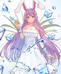 Rule 34 | 1girl, absurdres, alternate costume, animal ears, bare shoulders, blush, breasts, chinese commentary, commentary request, diving penguin, dress, expressionless, gradient background, hair ornament, hand up, highres, holding, ice, ice cube, long hair, looking at viewer, moon rabbit, open mouth, purple eyes, purple hair, rabbit ears, reisen udongein inaba, simple background, solo, standing, touhou, very long hair, white background, white dress, wrist cuffs