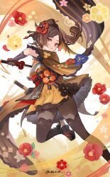 Rule 34 | 1girl, black gloves, black pantyhose, black thighhighs, brown hair, chiori (genshin impact), detached sleeves, drill hair, drill ponytail, elbow gloves, floating hair, flower, foot up, forehead, full body, genshin impact, gloves, grey kimono, hair ornament, hair stick, highres, holding, holding sword, holding weapon, issign, japanese clothes, kimono, legs apart, long hair, long sleeves, looking at viewer, miniskirt, obi, pantyhose, parted bangs, parted lips, pleated skirt, red eyes, red flower, sash, shoes, sidelocks, signature, skirt, solo, sword, thighhighs, thighhighs over pantyhose, weapon, yellow skirt, yellow sleeves