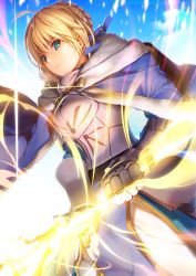 Rule 34 | 1girl, akisa yositake, armor, armored dress, artoria pendragon (all), artoria pendragon (fate), blonde hair, cape, excalibur (fate/stay night), fate/grand order, fate (series), gauntlets, glowing, glowing sword, glowing weapon, green eyes, highres, saber (fate), solo, weapon