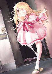 Rule 34 | 1girl, blonde hair, blush, bread slice, closed mouth, commentary, dress, dressing, dutch angle, eating, eyepatch, floating hair, food, food in mouth, frilled dress, frilled sleeves, frills, full body, hair between eyes, hair down, hand up, indoors, juliet sleeves, long hair, long sleeves, looking afar, messy hair, mouth hold, nakatsu shizuru, one eye covered, pantyhose, pink dress, puffy sleeves, red ribbon, rewrite, ribbon, sandals, solo, standing, standing on one leg, tagame (tagamecat), toast, toast in mouth, v-shaped eyebrows, very long hair, white pantyhose, wide sleeves, yellow eyes, you&#039;re doing it wrong
