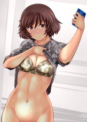 Rule 34 | 1girl, akiyama yukari, blush, bottomless, bra, breasts, brown eyes, brown hair, camouflage, camouflage bra, cellphone, cleavage, closed mouth, clothes lift, commentary, dutch angle, frown, girls und panzer, grey bra, grey shirt, groin, holding, holding phone, lifted by self, looking at viewer, medium breasts, messy hair, navel, out-of-frame censoring, phone, shirt, shirt lift, short hair, short sleeves, smartphone, solo, standing, sweat, tanaka rikimaru, underwear