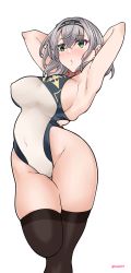 Rule 34 | 1girl, aiuti, alternate costume, armpits, arms behind head, black thighhighs, breasts, competition swimsuit, cowboy shot, green eyes, highleg, highleg swimsuit, highres, hololive, large breasts, one-piece swimsuit, shirogane noel, short hair, silver hair, simple background, solo, swimsuit, thighhighs, virtual youtuber, white background, white one-piece swimsuit