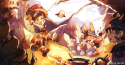 Rule 34 | 1boy, 1other, 2girls, absurdres, animal ears, arms up, blonde hair, brown hair, cooking pot, extra arms, faputa, flying, food, furry, helmet, highres, levi storm, made in abyss, meinya (made in abyss), multiple girls, nanachi (made in abyss), rabbit ears, regu (made in abyss), riko (made in abyss), sitting, smile, tail, white hair