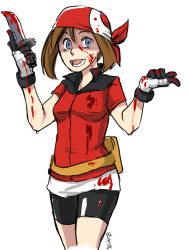 Rule 34 | 00s, 1girl, artist request, bandana, belt, belt pouch, blood, blood on clothes, blue eyes, breasts, brown hair, creatures (company), drawfag, game freak, head scarf, knife, looking at viewer, may (pokemon), nintendo, pocket, pokemon, pokemon rse, pouch, shaded face, short hair, shorts, simple background, small breasts, solo, source request, white background, yandere