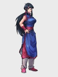 Rule 34 | 1girl, black eyes, black hair, blue dress, breasts, chi-chi (dragon ball), china dress, chinese clothes, dragon ball, dragon ball (classic), dress, full body, grey background, hand on own hip, kemachiku, long hair, looking at viewer, medium breasts, simple background, solo, standing