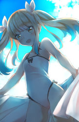 Rule 34 | 1girl, :d, bare arms, bare shoulders, black bow, blue hair, blue sky, blush, bow, breasts, brown eyes, brown hair, cloud, cloudy sky, comah, day, fang, hair ribbon, highres, holding, holding towel, looking at viewer, multicolored hair, one-piece swimsuit, open mouth, original, outdoors, ribbon, sky, small breasts, smile, solo, standing, streaked hair, swimsuit, towel, twintails, v-shaped eyebrows, white one-piece swimsuit, white ribbon