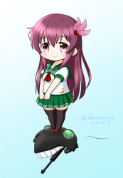 Rule 34 | 1girl, abyssal ship, black thighhighs, brown hair, character request, chibi, commentary request, crescent, crescent pin, green sailor collar, green skirt, kantai collection, kisaragi (kancolle), kisaragi kai ni (kancolle), long hair, masara (chuujou), neckerchief, one-hour drawing challenge, pleated skirt, purple eyes, red neckerchief, sailor collar, skirt, standing, thighhighs
