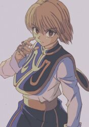 Rule 34 | 1boy, bad id, bad twitter id, blonde hair, closed mouth, enoki (gongindon), feet out of frame, hand up, hunter x hunter, kurapika, long sleeves, looking at viewer, male focus, muted color, official style, red eyes, serious, shirt, short hair, simple background, solo, white shirt, wind