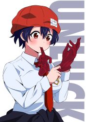 Rule 34 | 1girl, artist request, beanie, black hair, blush, breasts, brown eyes, character name, gloves, hat, highres, izumo fuuko, large breasts, light blush, long sleeves, necktie, red beanie, red gloves, red necktie, shirt, short hair, simple background, solo, source request, undead unluck, white background, white shirt