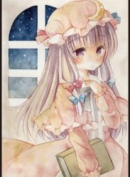 Rule 34 | 1girl, blush, book, crescent, crescent hair ornament, double bun, dress, hair bun, hair ornament, hand on own chest, hat, hat ribbon, kagome f, long hair, long sleeves, looking at viewer, mob cap, night, painting (medium), patchouli knowledge, pillarboxed, purple eyes, purple hair, ribbon, robe, simple background, sky, solo, star (sky), starry sky, striped clothes, striped dress, touhou, traditional media, watercolor (medium), window