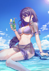 Rule 34 | 1girl, absurdres, arm support, bead bracelet, beads, bikini, blue sky, bracelet, breasts, capelet, chinese commentary, cloud, commentary request, cup, day, drinking glass, drinking straw, food, fruit, genshin impact, hair between eyes, hand up, highres, holding, holding cup, jewelry, large breasts, lemon, lemon slice, long braid, long hair, looking at viewer, nail polish, navel, outdoors, purple bikini, purple eyes, purple hair, raiden shogun, see-through, side-tie bikini bottom, sitting, sky, solo, stomach, swimsuit, thighs, very long hair, wariza, water, zuomunan
