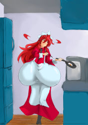 Rule 34 | 1girl, aeon708, ahoge, apron, breasts, cooking, egg, female focus, gigantic breasts, kitchen, long hair, long skirt, maid, maid apron, maid headdress, original, red eyes, red hair, skirt, solo, standing