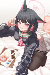 Rule 34 | 1girl, absurdres, animal ears, black hair, blue archive, brown pantyhose, candy, cat ears, chocolate, chocolate bar, choker, doughnut, extra ears, food, hair ornament, halo, happy, highres, hood, hoodie, kazusa (blue archive), leada, long sleeves, looking at viewer, macaron, no shoes, pantyhose, pleated skirt, school uniform, shoes, short hair, skirt, smile, solo, thighband pantyhose
