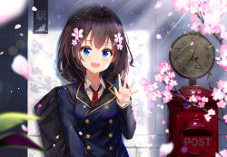 Rule 34 | 1girl, :d, bad id, bad twitter id, blazer, blue eyes, blue jacket, blush, breasts, brown hair, buttons, cherry blossoms, clock, collared shirt, double-breasted, flower, hair flower, hair ornament, hand up, highres, jacket, long sleeves, looking at viewer, na kyo, necktie, open mouth, original, petals, pink flower, postbox (outgoing mail), red necktie, school uniform, shirt, short hair, smile, solo, waving, white shirt