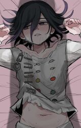 1boy absurdres arms_up bed_sheet black_hair blush buttons collarbone danganronpa_(series) danganronpa_v3:_killing_harmony drooling flipped_hair ha_(user_efmy3542) hair_between_eyes highres long_sleeves looking_to_the_side lying male_focus mouth_drool multicolored_buttons navel oma_kokichi on_back parted_lips pov purple_eyes purple_hair saliva shadow short_hair solo straitjacket sweat upper_body