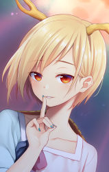 Rule 34 | 1girl, antlers, artist name, blonde hair, blue background, blue nails, blue shirt, collarbone, commentary request, cowboy shot, dragon horns, grin, hand up, horns, index finger raised, kicchou yachie, looking at viewer, nail polish, nnyara, parted lips, red eyes, shirt, short hair, smile, solo, touhou