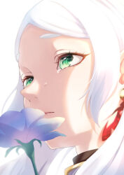 Rule 34 | 1girl, blue flower, crying, crying with eyes open, earrings, elf, flower, frieren, green eyes, jewelry, long hair, pointy ears, rtomch, solo, sousou no frieren, tears, white hair