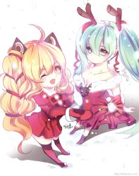 Rule 34 | 2girls, ahoge, animal costume, antlers, bad id, bad pixiv id, blonde hair, collarbone, cozy (koko9037), dress, fang, foreshortening, green eyes, green hair, hatsune miku, horns, long hair, mittens, multiple girls, one eye closed, open mouth, red mittens, reindeer antlers, reindeer costume, santa costume, seeu, snow, thighhighs, twintails, very long hair, vocaloid, wink, yellow eyes