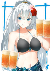 Rule 34 | .live, alternate costume, blue eyes, blush, breasts, cleavage, collarbone, commentary request, flower, glass, hair flower, hair ornament, highres, large breasts, long hair, o daizen, ponytail, rikumu, silver hair, smile, solo, swimsuit, virtual youtuber, white background