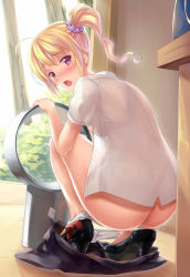 Rule 34 | 1girl, ahoge, ass, asymmetrical hair, bladeless fan, blonde hair, blush, breasts, butt crack, day, dyson (company), fanning crotch, from behind, full body, hair ornament, hair scrunchie, high heels, hot, indoors, large breasts, looking at viewer, looking back, naked shirt, no bra, nose blush, open clothes, open mouth, open shirt, original, panties, panties around ankles, panty pull, pink eyes, scrunchie, see-through, shirt, short sleeves, side ponytail, sideboob, sidelocks, skirt, unworn skirt, solo, squatting, summer, sweat, underwear, walk-in, white panties, white shirt, zi se