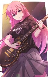 Rule 34 | 1girl, black shirt, blue eyes, bocchi the rock!, breasts, clothes writing, e20, electric guitar, gotoh hitori, grey skirt, guitar, hair between eyes, highres, holding, holding instrument, instrument, long hair, medium breasts, parted lips, pink hair, pleated skirt, shirt, short sleeves, skirt, solo, sweat, very long hair