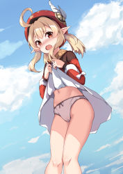 Rule 34 | 1girl, ahoge, bare legs, blonde hair, blush, bow, cabbie hat, cameltoe, cleft of venus, clothes lift, cloud, cloudy sky, commentary, day, dress, dress lift, feathers, genshin impact, hat, highres, huan (hao7551789), huge ahoge, klee (genshin impact), lifted by self, long hair, long sleeves, looking at viewer, navel, nose blush, open mouth, panties, pointy ears, red dress, red hat, sidelocks, sky, solo, stomach, underwear, white bow, white panties