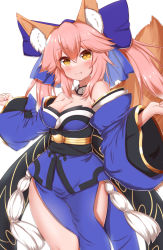 Rule 34 | 1girl, animal ear fluff, animal ears, blue bow, blush, bow, breasts, brown eyes, cleavage, closed mouth, collarbone, detached collar, detached sleeves, fang, fang out, fate/grand order, fate (series), fox ears, fox girl, fox tail, hair between eyes, hair bow, highres, horokusa (korai), long hair, long sleeves, looking at viewer, medium breasts, pink hair, simple background, smile, solo, tail, tamamo (fate), tamamo no mae (fate/extra), twintails, white background