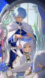 Rule 34 | 1boy, 1girl, absurdres, affectionate, blue eyes, blue flower, blue hair, cloak, different reflection, earrings, flower, frieren, green eyes, head wreath, highres, himmel (sousou no frieren), hood, hooded cloak, jewelry, light rays, long hair, looking at another, looking at viewer, mirror, nemophila (flower), picture frame, plant, pointy ears, potted plant, reflection, sad smile, sanng, short hair, sidelighting, smile, sousou no frieren, staff, thick eyebrows, twintails, upper body, vase, white hair, window