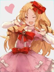Rule 34 | 1girl, ;d, blackball, blonde hair, bow, collarbone, dress, drill hair, eromanga sensei, grey background, hair bow, hairband, heart, index finger raised, lolita fashion, long hair, looking at viewer, one eye closed, open mouth, pinafore dress, pink dress, red bow, red eyes, simple background, sleeveless, sleeveless dress, smile, solo, standing, twin drills, very long hair, white bow, yamada elf